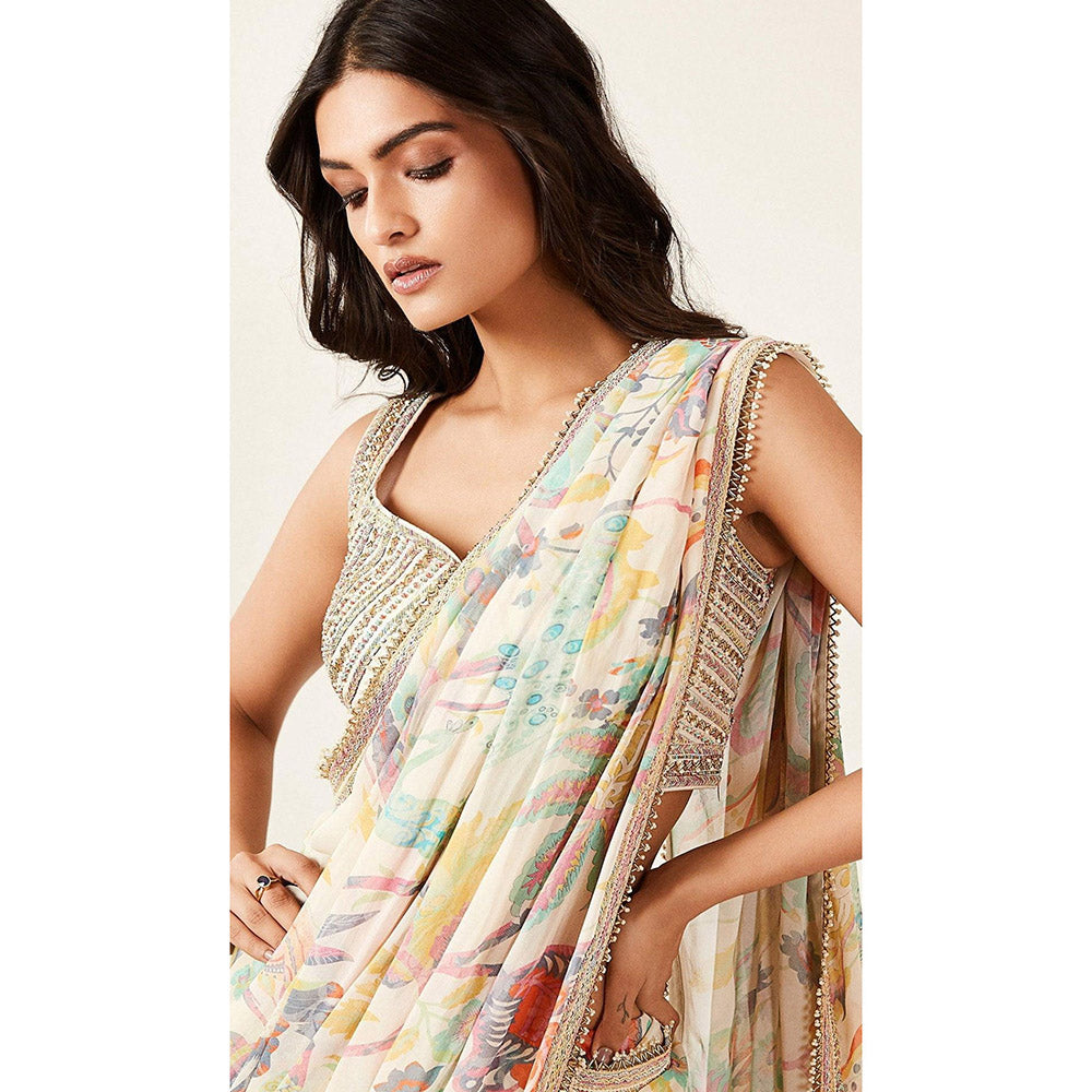 Basanti Kapde aur Koffee Multi-Color Printed Draped Saree with Stitched Blouse