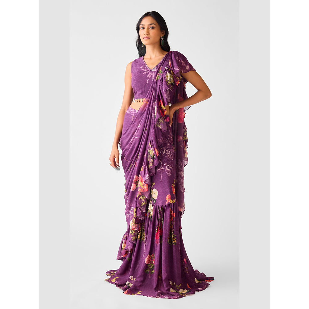 Basanti Kapde aur Koffee Purple Embroidered Chinon Floral Draped Saree with Stitched Blouse