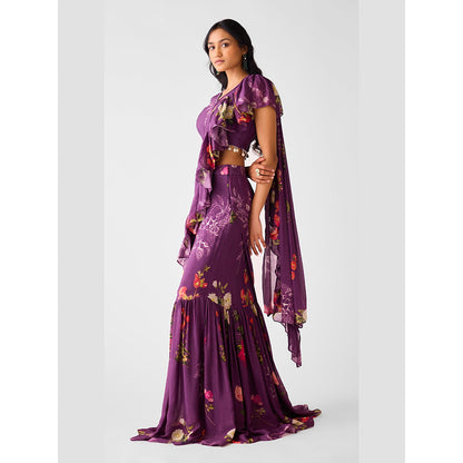 Basanti Kapde aur Koffee Purple Embroidered Chinon Floral Draped Saree with Stitched Blouse