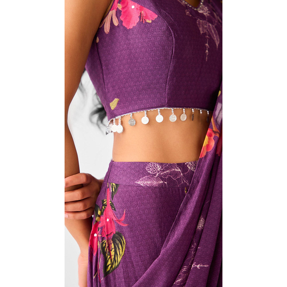Basanti Kapde aur Koffee Purple Embroidered Chinon Floral Draped Saree with Stitched Blouse