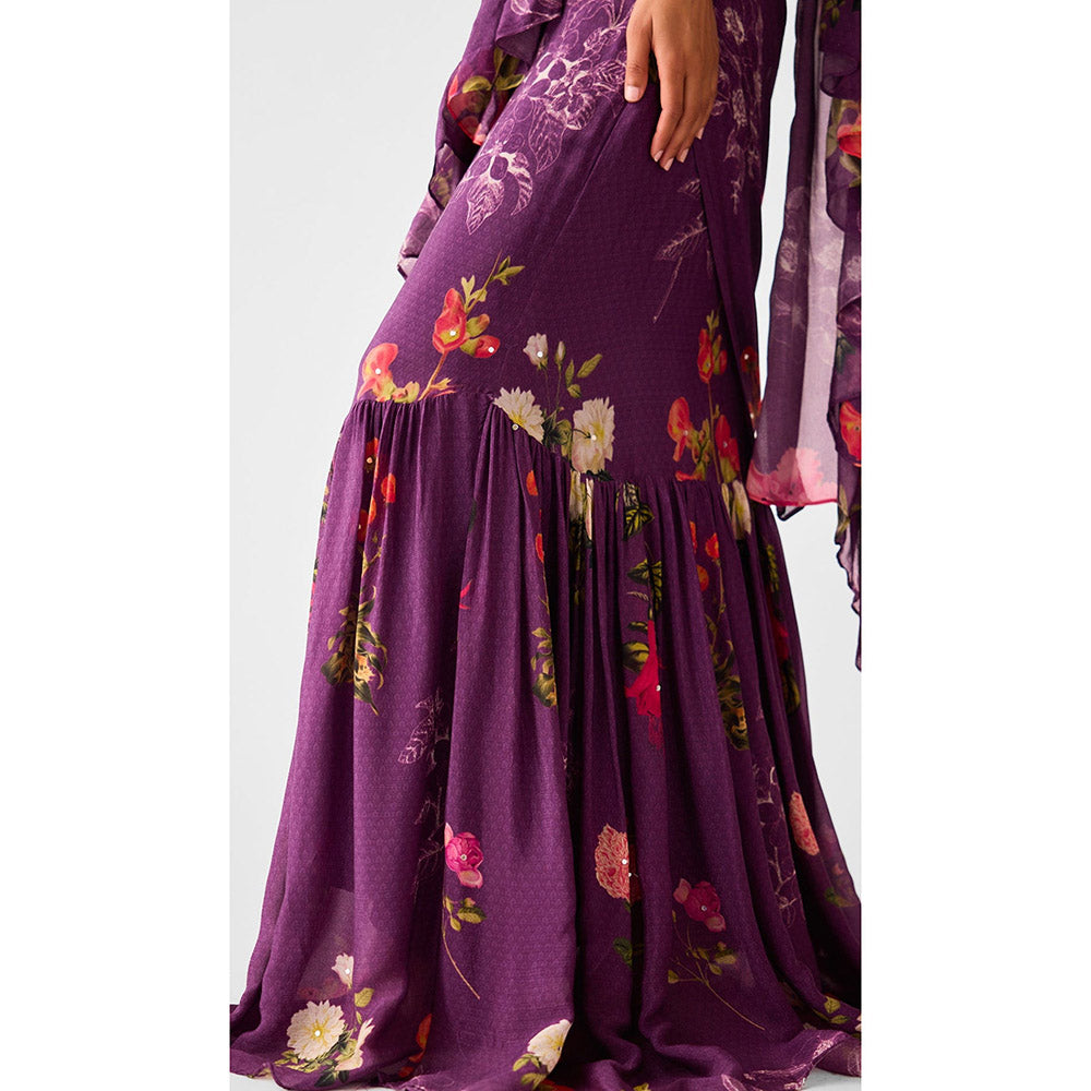 Basanti Kapde aur Koffee Purple Embroidered Chinon Floral Draped Saree with Stitched Blouse