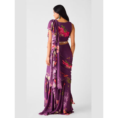 Basanti Kapde aur Koffee Purple Embroidered Chinon Floral Draped Saree with Stitched Blouse