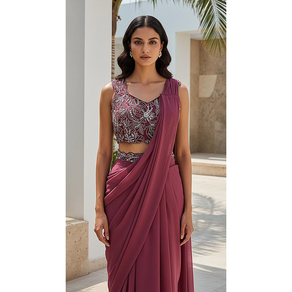 Basanti Kapde aur Koffee The Rouge Regal Pre-Draped Saree with Stitched Blouse and Belt