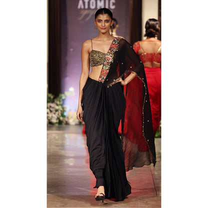 Basanti Kapde aur Koffee Black Pre-Draped Embroidered Saree with Stitched Blouse