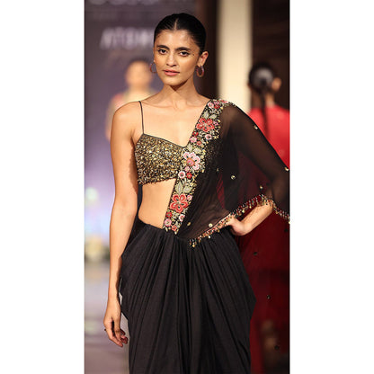 Basanti Kapde aur Koffee Black Pre-Draped Embroidered Saree with Stitched Blouse