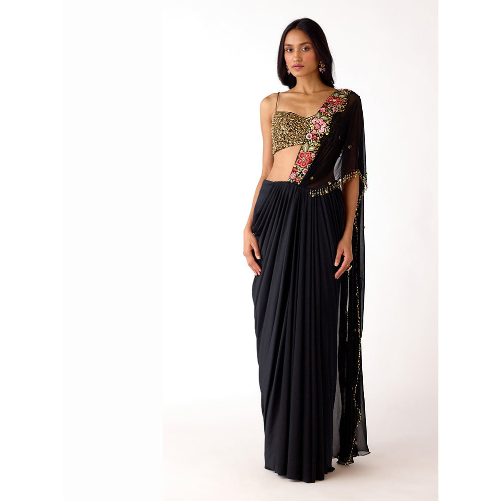 Basanti Kapde aur Koffee Black Pre-Draped Embroidered Saree with Stitched Blouse