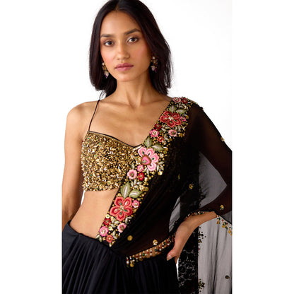 Basanti Kapde aur Koffee Black Pre-Draped Embroidered Saree with Stitched Blouse