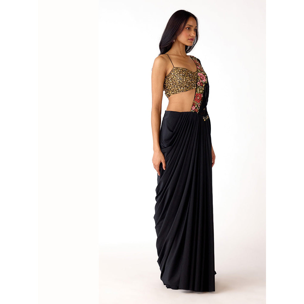 Basanti Kapde aur Koffee Black Pre-Draped Embroidered Saree with Stitched Blouse