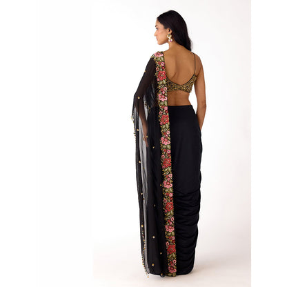 Basanti Kapde aur Koffee Black Pre-Draped Embroidered Saree with Stitched Blouse