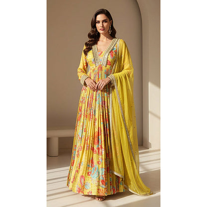 Basanti Kapde aur Koffee Green Georgette Embellished Anarkali Dress with Dupatta