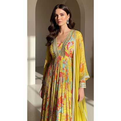 Basanti Kapde aur Koffee Green Georgette Embellished Anarkali Dress with Dupatta