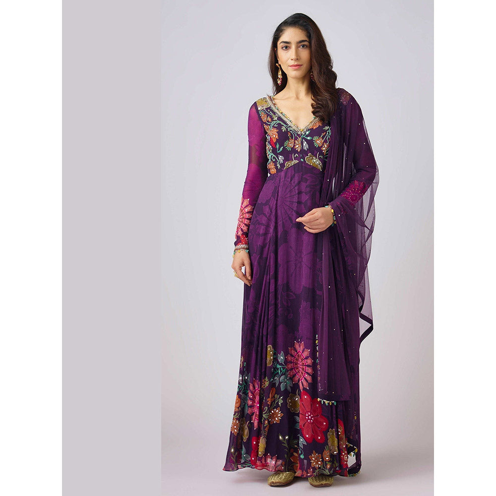 Basanti Kapde aur Koffee Purple Georgette Embroidered Anarkali Dress with Dupatta