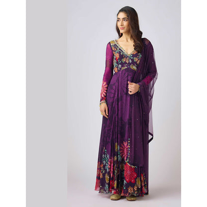 Basanti Kapde aur Koffee Purple Georgette Embroidered Anarkali Dress with Dupatta