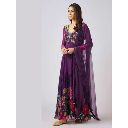 Basanti Kapde aur Koffee Purple Georgette Embroidered Anarkali Dress with Dupatta