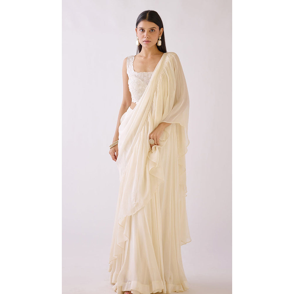 Basanti Kapde aur Koffee White Draped Saree with Stitched Blouse