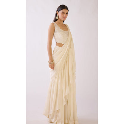 Basanti Kapde aur Koffee White Draped Saree with Stitched Blouse