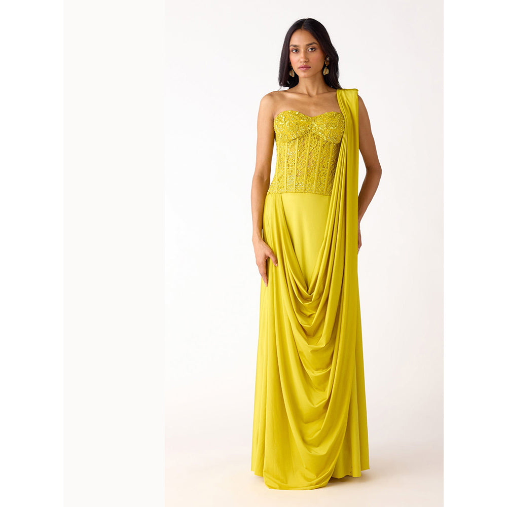 Basanti Kapde aur Koffee Lime Lycra Embroidered Draped Saree with Stitched Blouse