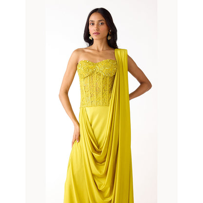Basanti Kapde aur Koffee Lime Lycra Embroidered Draped Saree with Stitched Blouse