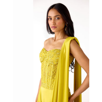 Basanti Kapde aur Koffee Lime Lycra Embroidered Draped Saree with Stitched Blouse