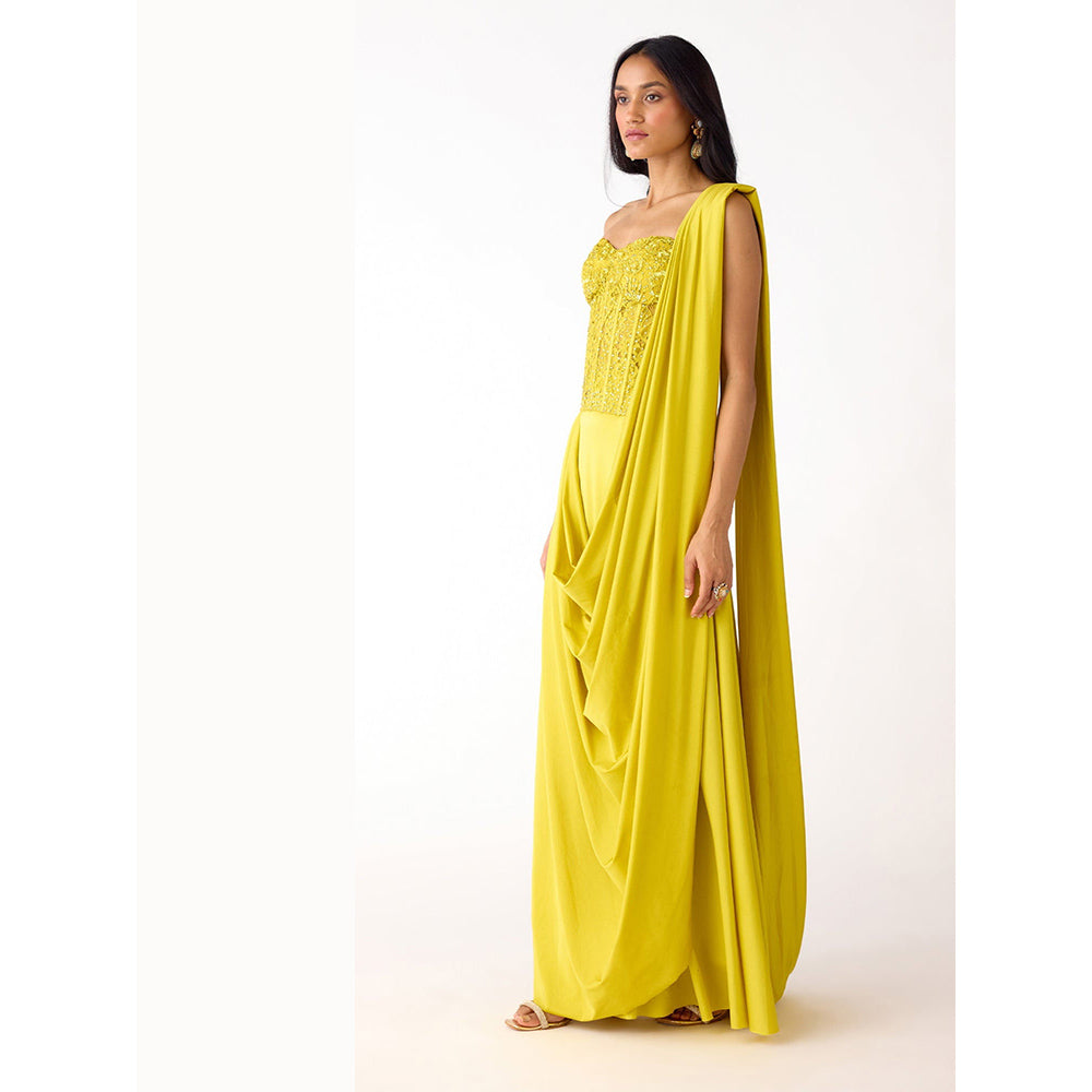 Basanti Kapde aur Koffee Lime Lycra Embroidered Draped Saree with Stitched Blouse