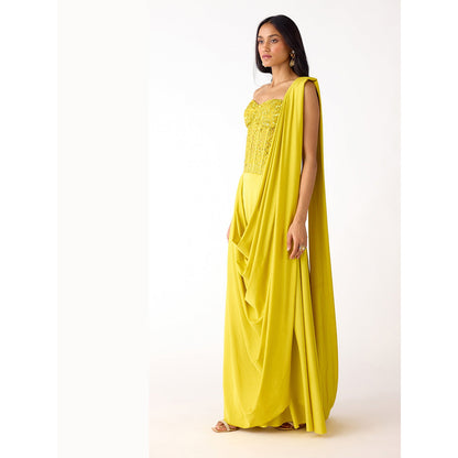 Basanti Kapde aur Koffee Lime Lycra Embroidered Draped Saree with Stitched Blouse
