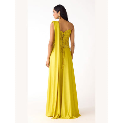Basanti Kapde aur Koffee Lime Lycra Embroidered Draped Saree with Stitched Blouse