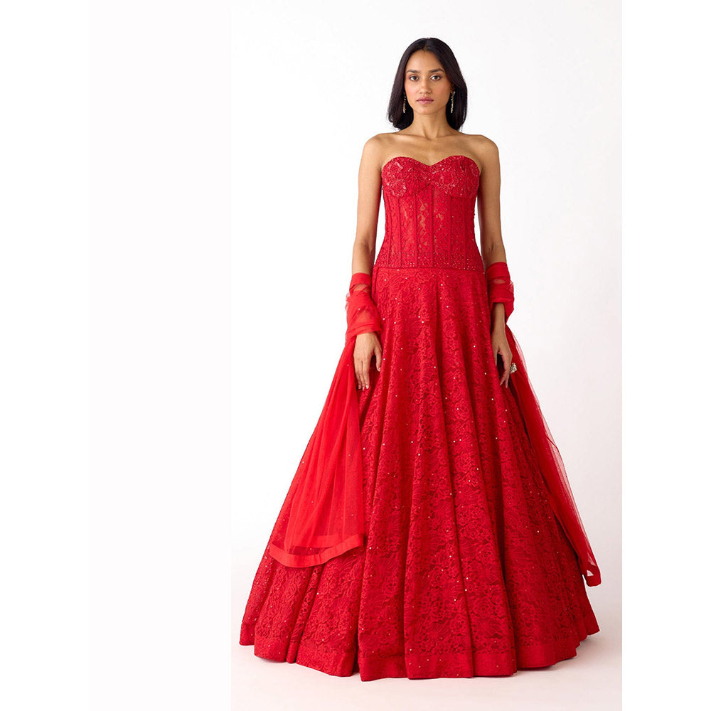 Basanti Kapde aur Koffee The Rose Allure Red Lehenga with Stitched Blouse and Dupatta