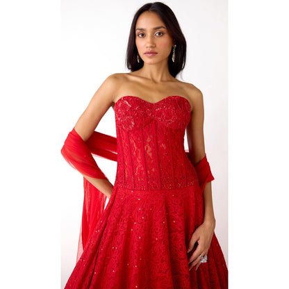 Basanti Kapde aur Koffee The Rose Allure Red Lehenga with Stitched Blouse and Dupatta