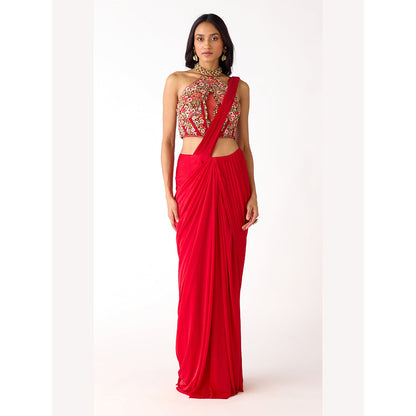 Basanti Kapde aur Koffee The Sunset Red Draped Saree With Stitched Blouse