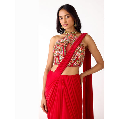Basanti Kapde aur Koffee The Sunset Red Draped Saree With Stitched Blouse