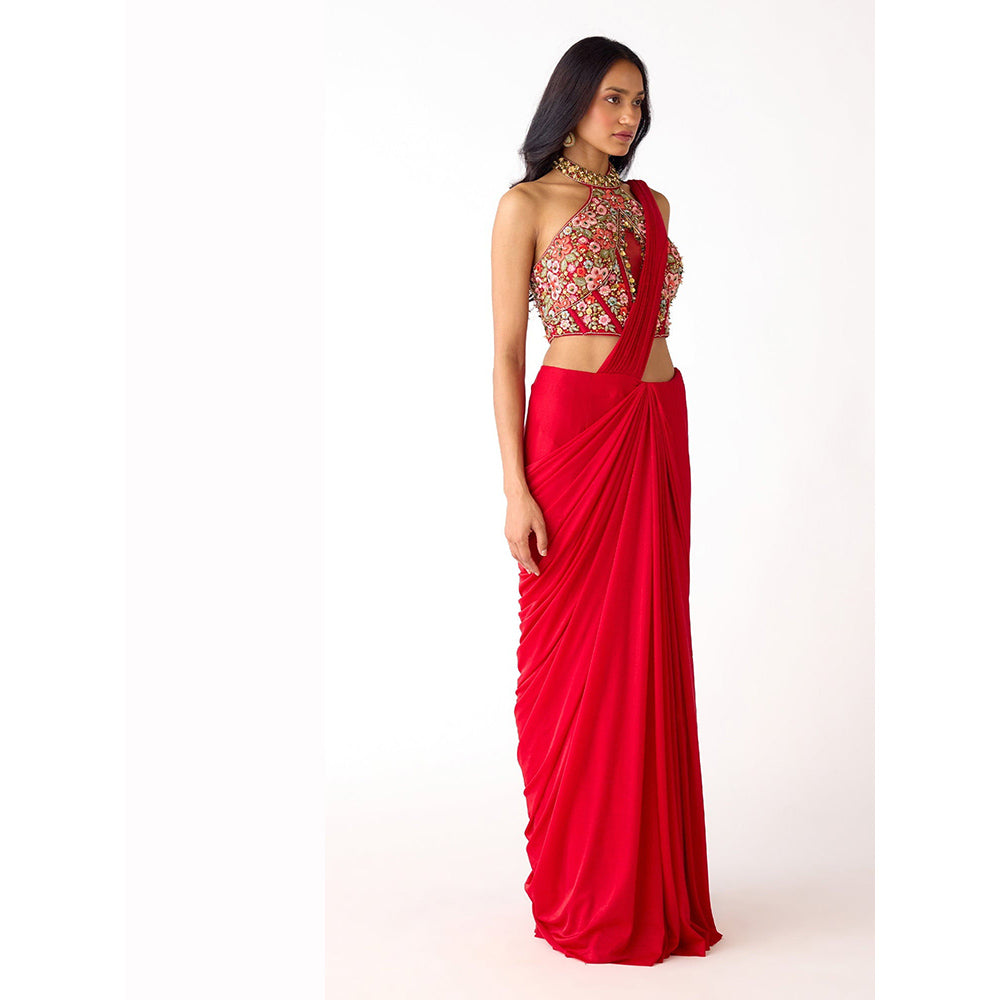 Basanti Kapde aur Koffee The Sunset Red Draped Saree With Stitched Blouse