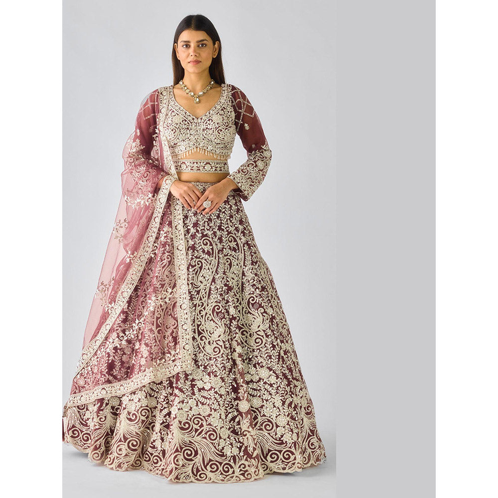 Basanti Kapde aur Koffee Wine Lehenga And Stitched Blouse With Dupatta And Belt