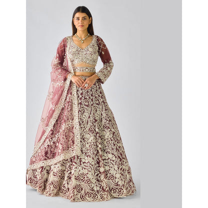Basanti Kapde aur Koffee Wine Lehenga And Stitched Blouse With Dupatta And Belt