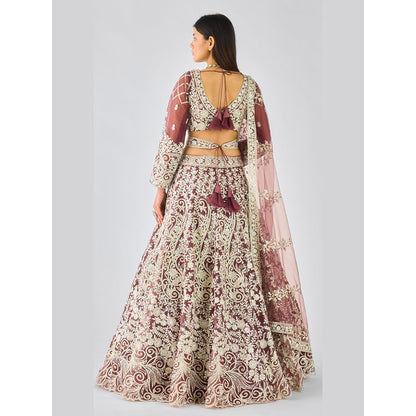 Basanti Kapde aur Koffee Wine Lehenga And Stitched Blouse With Dupatta And Belt