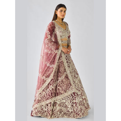 Basanti Kapde aur Koffee Wine Lehenga And Stitched Blouse With Dupatta And Belt