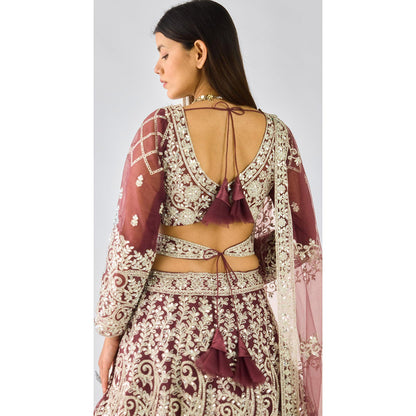 Basanti Kapde aur Koffee Wine Lehenga And Stitched Blouse With Dupatta And Belt
