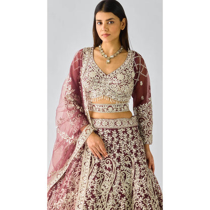 Basanti Kapde aur Koffee Wine Lehenga And Stitched Blouse With Dupatta And Belt
