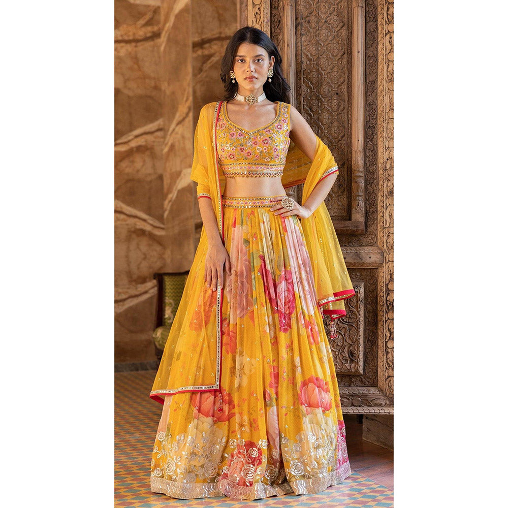 Basanti Kapde aur Koffee Yellow Printed Lehenga with Stitched Blouse and Dupatta