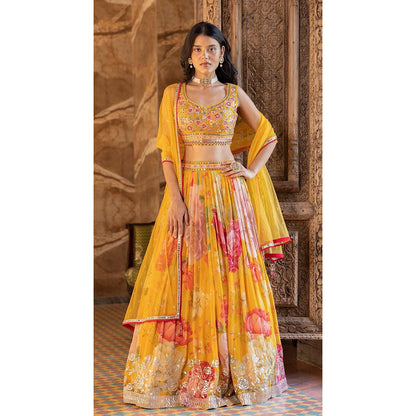 Basanti Kapde aur Koffee Yellow Printed Lehenga with Stitched Blouse and Dupatta