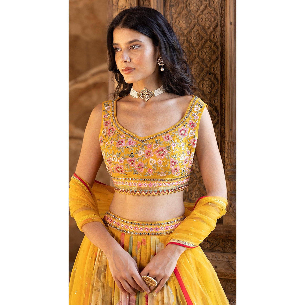 Basanti Kapde aur Koffee Yellow Printed Lehenga with Stitched Blouse and Dupatta