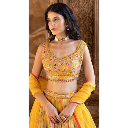 Basanti Kapde aur Koffee Yellow Printed Lehenga with Stitched Blouse and Dupatta