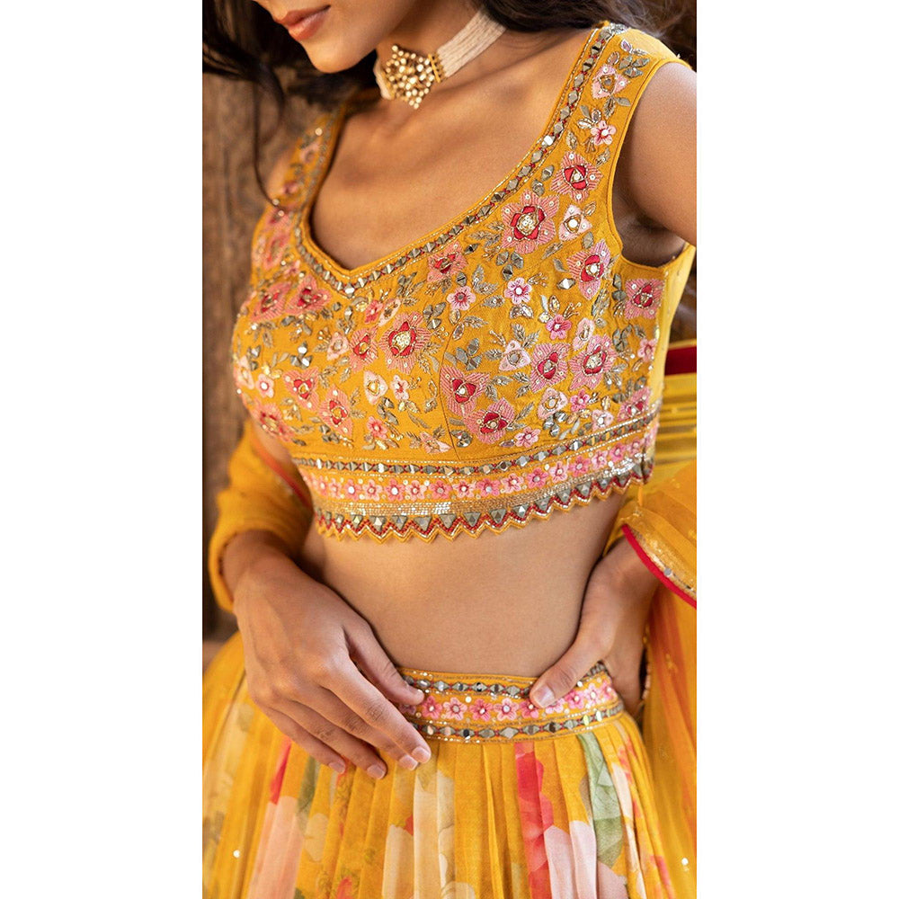 Basanti Kapde aur Koffee Yellow Printed Lehenga with Stitched Blouse and Dupatta