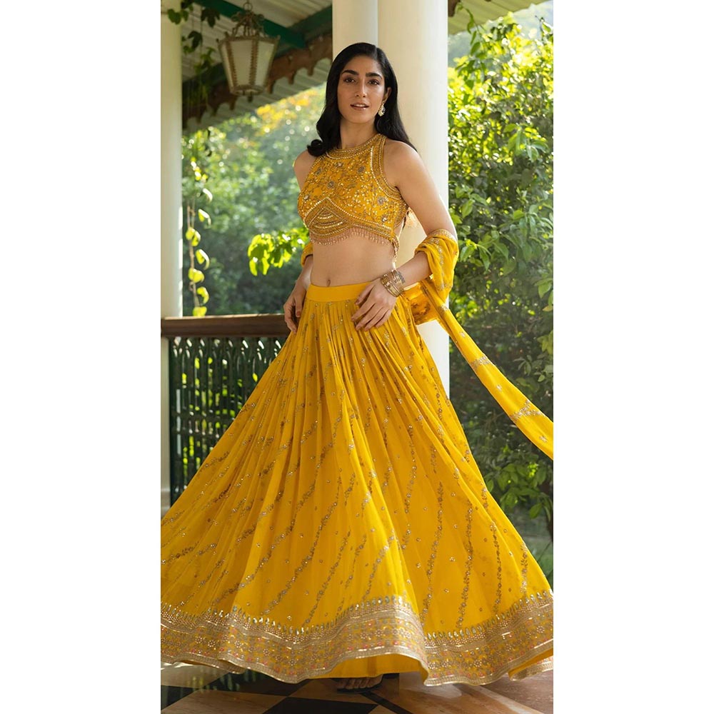 Basanti Kapde aur Koffee Yellow Hand Embroidered Lehenga with Stitched Blouse and Dupatta