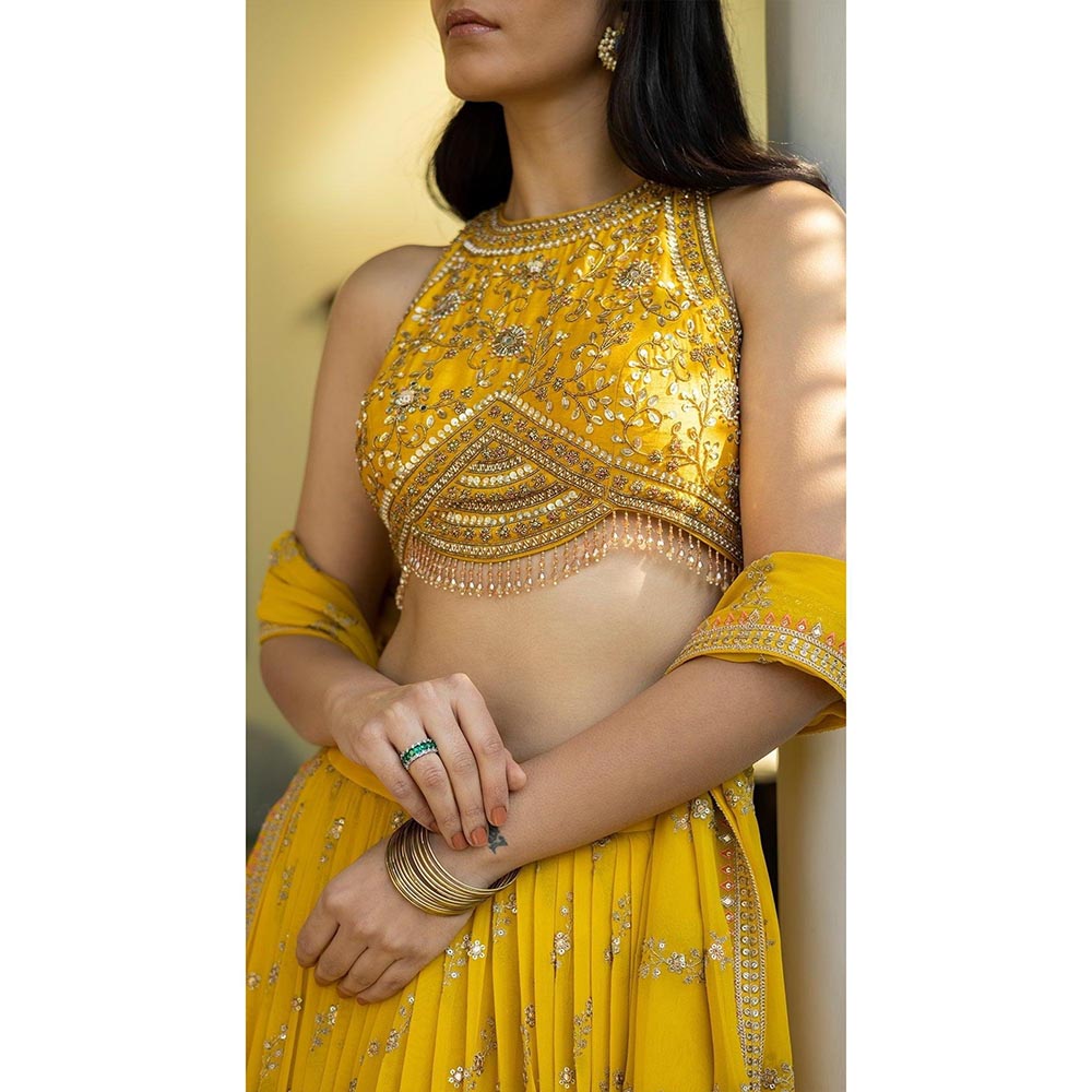 Basanti Kapde aur Koffee Yellow Hand Embroidered Lehenga with Stitched Blouse and Dupatta