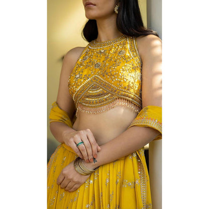 Basanti Kapde aur Koffee Yellow Hand Embroidered Lehenga with Stitched Blouse and Dupatta