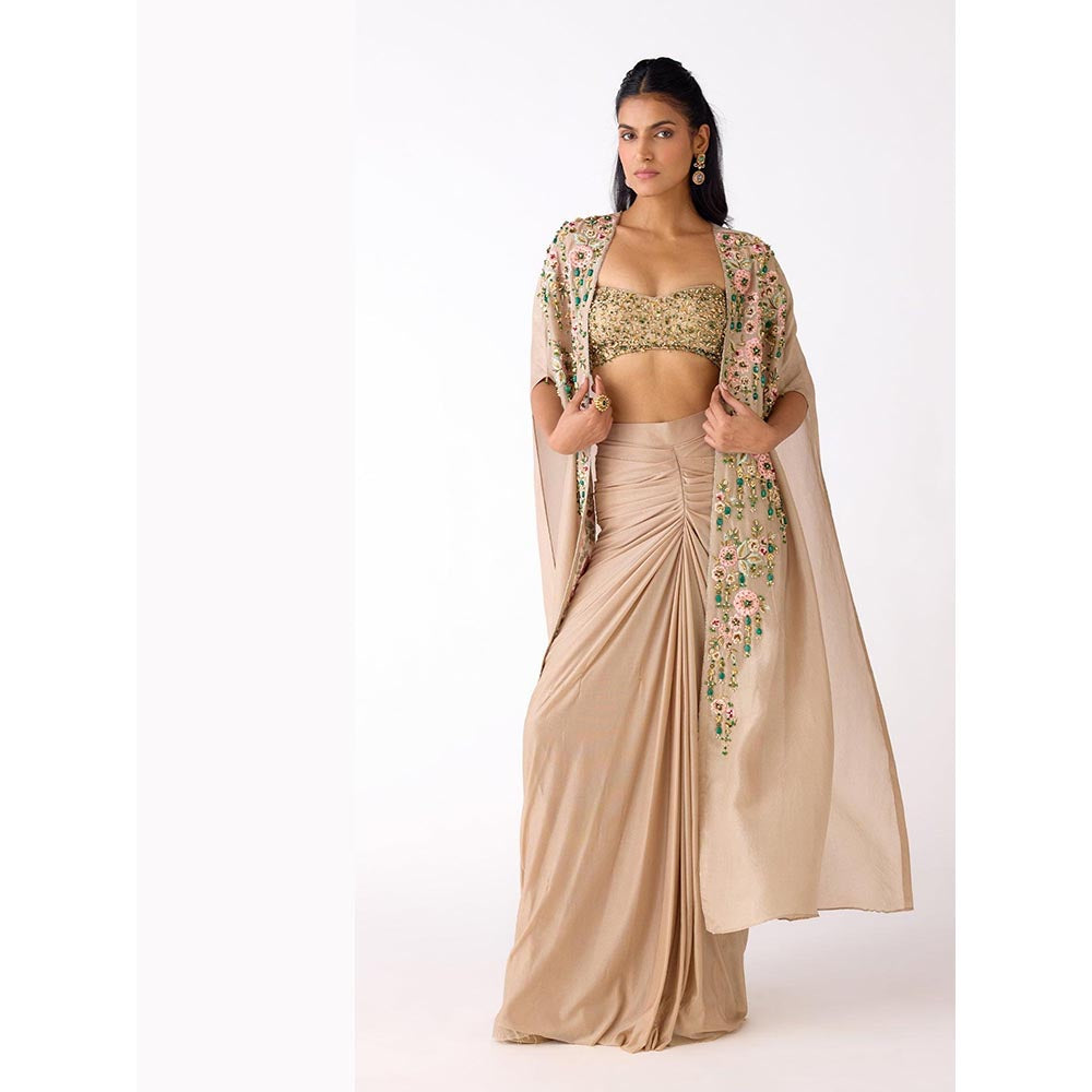 Basanti Kapde aur Koffee Gold Silk Embroidered Drape Skirt And Blouse With Cape