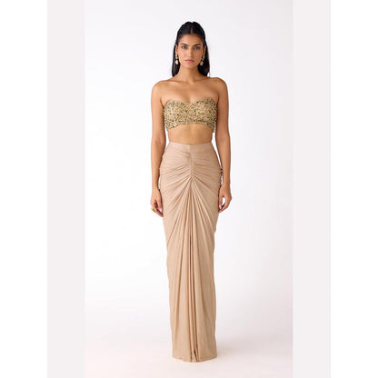 Basanti Kapde aur Koffee Gold Silk Embroidered Drape Skirt And Blouse With Cape