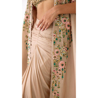 Basanti Kapde aur Koffee Gold Silk Embroidered Drape Skirt And Blouse With Cape