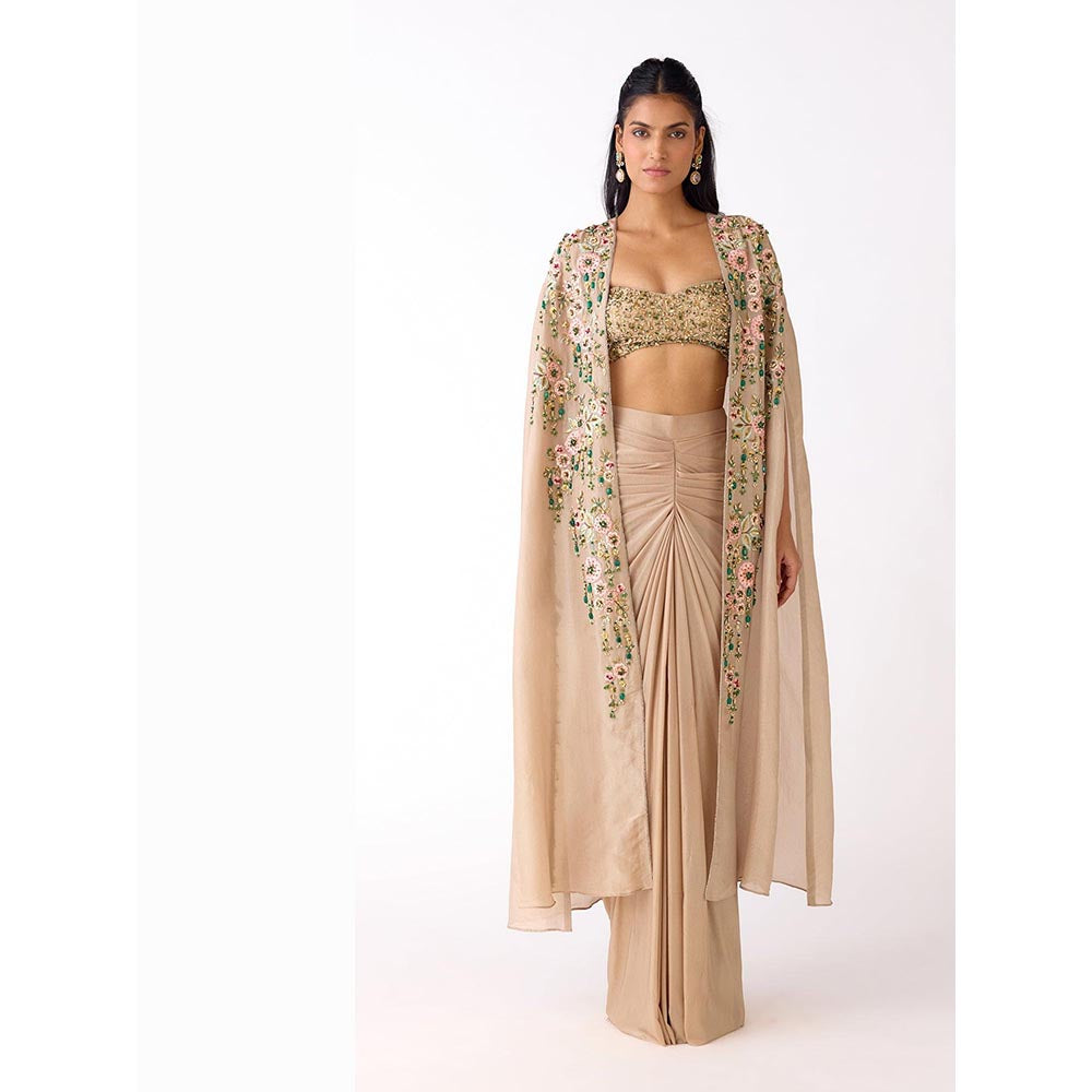 Basanti Kapde aur Koffee Gold Silk Embroidered Drape Skirt And Blouse With Cape