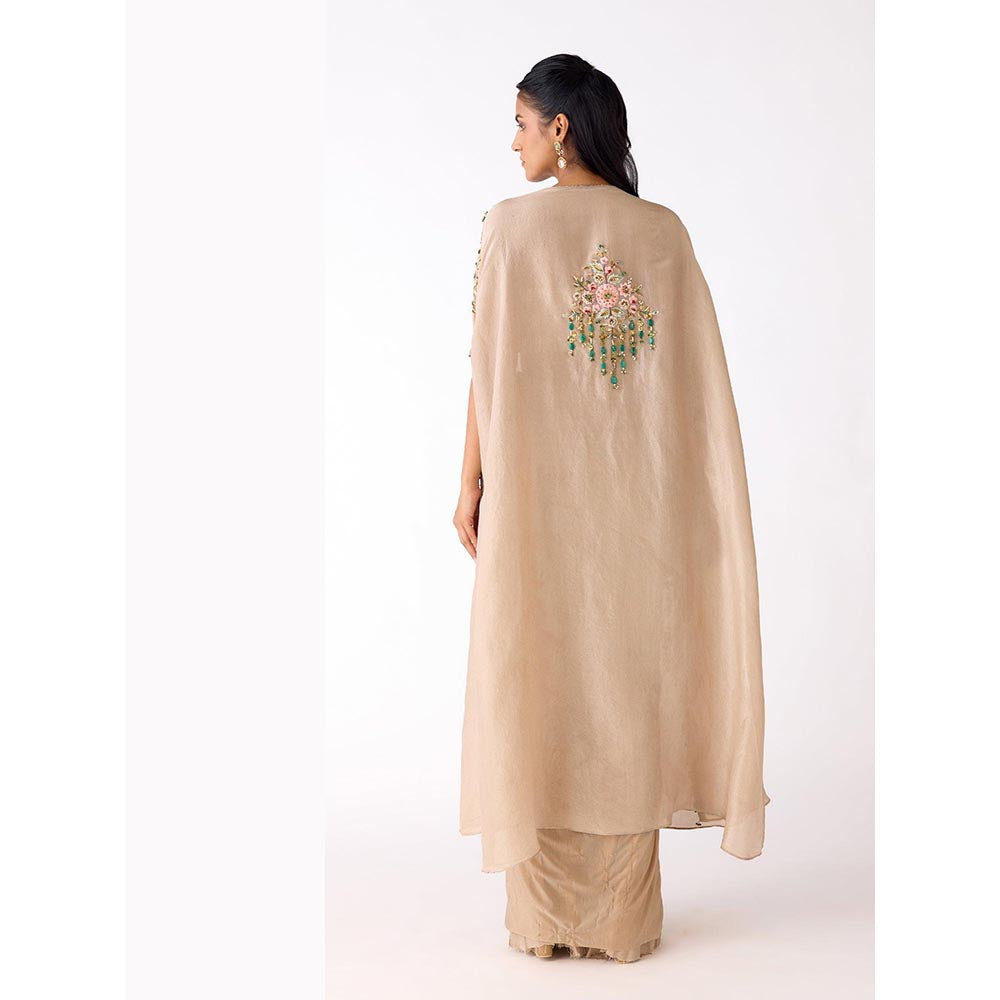 Basanti Kapde aur Koffee Gold Silk Embroidered Drape Skirt And Blouse With Cape